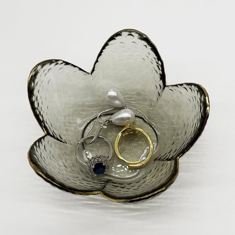 BESSKON Flower Ring Dish Jewelry Tray, Glass Jewelry Dish Tray, Cute Room Decor Small Trinket Dish, Nightstand Jewlery Ring Holder, Bathroom Jewlery Plate Bowl for Earring Gift for Women (Smoky Black) - Image 4